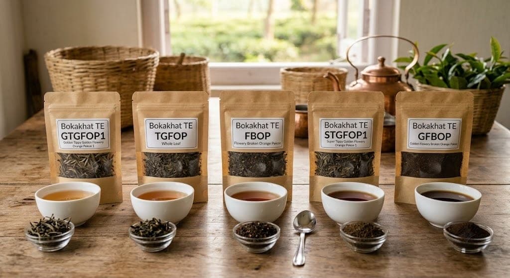 The Bokakhat orthodox range — GTGFOP1, TGFOP, FBOP, STGFOP1 and GFBOP, with their liquors
